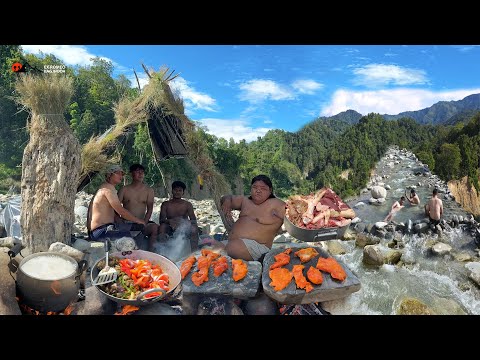 Outdoor Camping Cooking Hot & Spicy Chicken Rice Hot Stone Sekwa Build Sun Ruff Bushcraft Near River