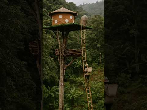 One-legged man builds mushroom house and infinity pool in tall tree #campping #bushcraft #building