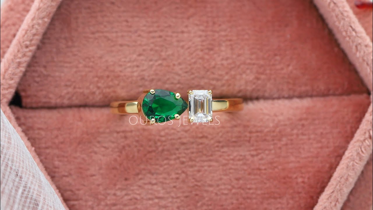 Green Pear and Emerald Cut Two Tone Diamond Engagement Ring