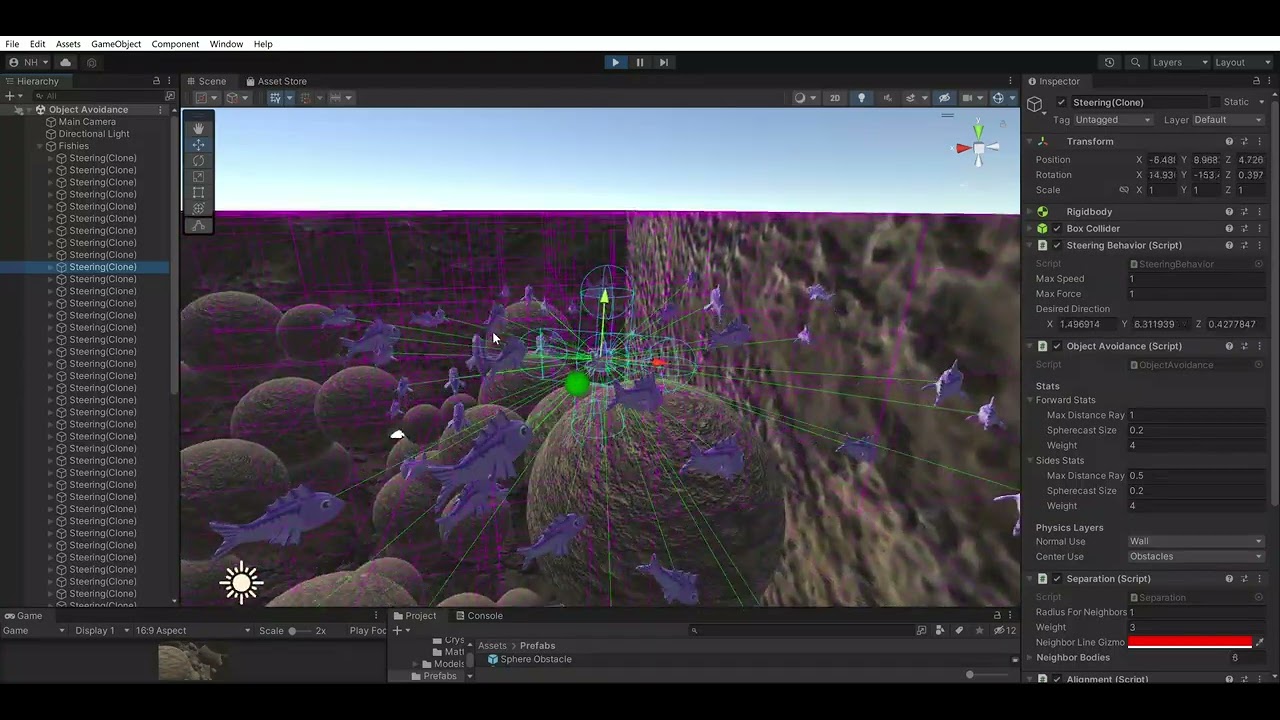 School of fishies with obstacle avoidance, octree, and boid gizmos