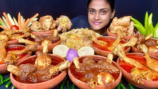 Spicy Mutton Curry Chicken Curry Egg Curry With Fried Rice Samosa Salad Eating 