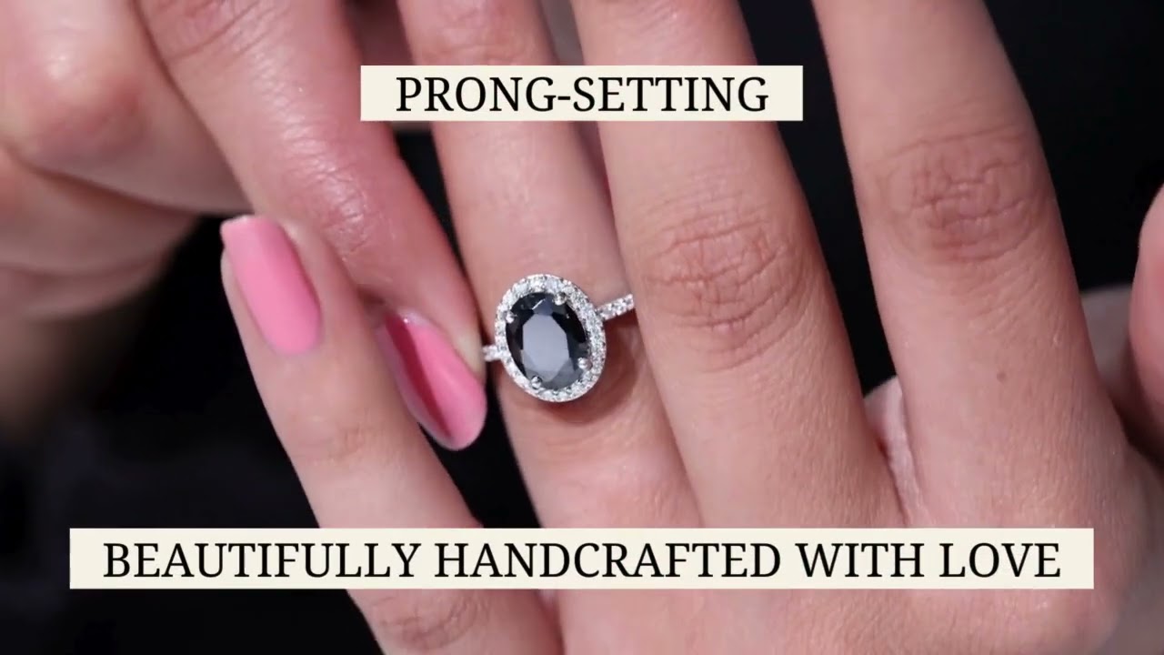 3 CT Oval Shape Created Black Diamond and Diamond Halo Engagement Ring