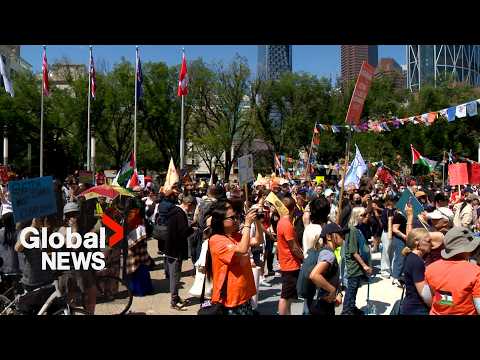 YouTube video thumbnail: Hundreds of Protesters Rally in Calgary Ahead of G7 Summit