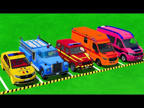 TRANSPORTING POLICE CARS, VOLKSWAGEN, DACIA, FIRE DEPARTMENT, FORD WITH MAN TRUCKS - FS22