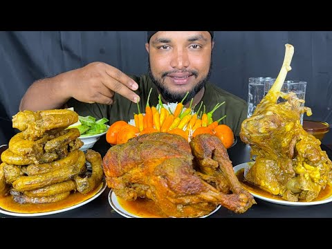 SPICY FULL CHICKEN CURRY, CHICKEN NICK CURRY, EGG AND FULL MUTTON LEG CURRY WITH RICE EATING SHOW