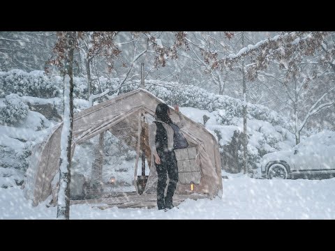 -15℃ 적설량 20cm 넘어지고 깨지고 눈폭풍이 몰아지는 폭설 캠핑 / 하루 종일 내리는 눈 / 밀푀유나베🍲와 백화수복🍶 / 정읍 자두마을캠핑장