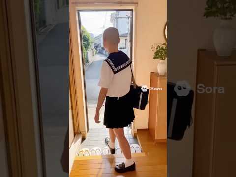 元気いっぱいで家を出る坊主女子中学生。生成ai。buzz cut