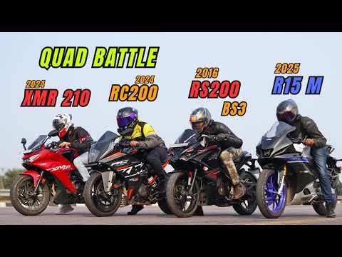 Bajaj Pulsar Rs200 Bs3 vs Ktm Rc200 Vs Hero Karizma XMR 210 vs Yamaha R15m Drag Race Quad Battle