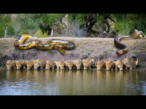 Poor Lion Group Was Drinking Water By River When Suddenly Two Bloodthirsty Anacondas Attacked Madly