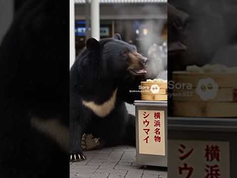 シュウマイを食べるツキノワグマ 驚く店主