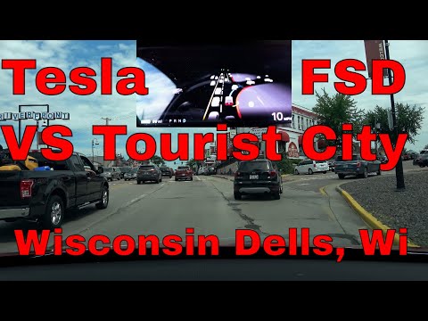Tesla FSD Beta in Wisconsin Dells Tourist City Part 1 of 3