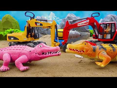 Crane, Car Transporter, Fire Truck - Rescue Red Jeep and Police Car from Sand Pit