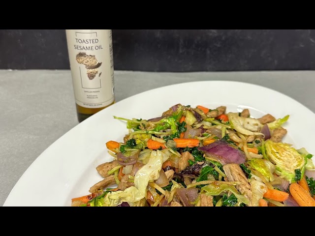 Use Natures Essentials Toasted Sesame Oils as a marinade for your choice of meat/fish.  
In this recipe we marinade pork strips in toasted sesame oils, garlic, pepper, herbs , spices, salt and a small amount of vinegar.  
Our wok stir fry method leaves this dish so tasty and packed with nutritional goodness and amazing nutty flavor.