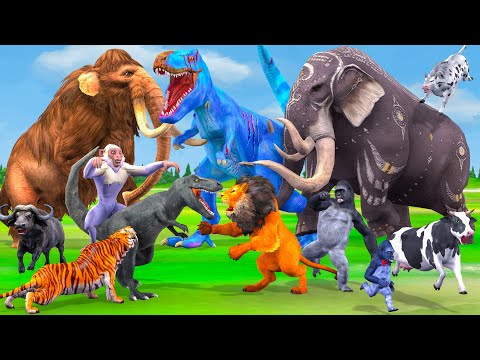 5 Giant Mammoth Elephant Cow vs 5 Giant Lion Tiger vs Gorilla Elephant Saved By Woolly Mammoth