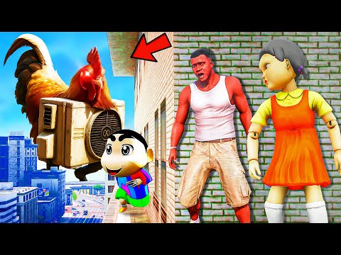 Franklin and Shinchan & Pinchan play HIDE AND KILL with Squid Game Doll In GTA 5