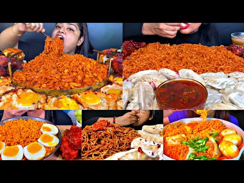 ASMR EATING 2X SPICY KIMCHI RAMEN, BLACKBEAN NOODLES, EGGS, MOMO, FRIED CHICKEN |Foodie India|