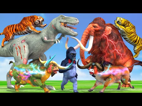 Giant Mammoth Elephant Cow  Gorilla vs 2 Giant Tigers vs T-rex Hybrid Bull Saved By Woolly Mammoth