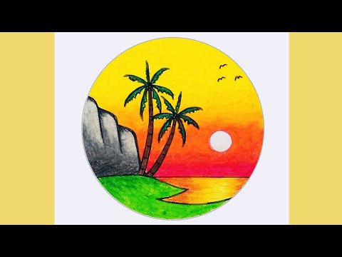 Scenery Drawing | How To Draw Sunset In Beach Scenery With Oil Pastel