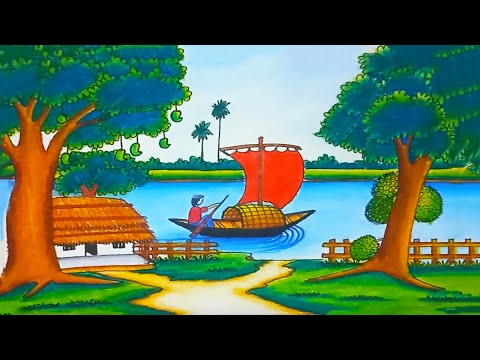 How to Draw a Beautiful Village Scenery | River, Boat & Trees Drawing for Beginners