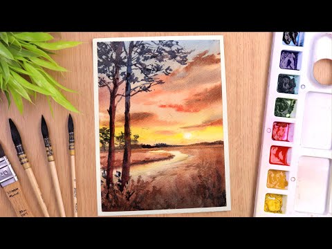 Watercolor painting of Sunset Dry Grassland Scenery Landscape