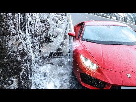 Parking a Lamborghini Huracan under a waterfall