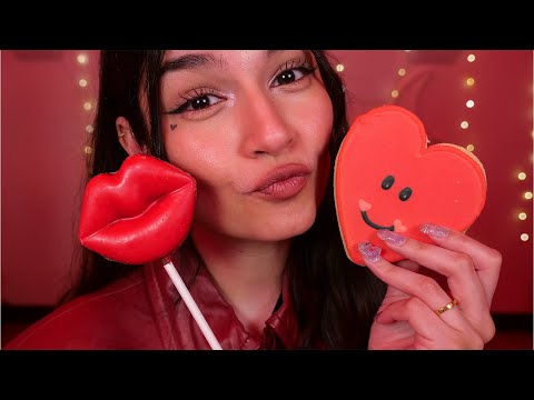 ASMR Tapping On Chocolates (Mouth Sounds, Leather Sounds, and Whispering) 💗