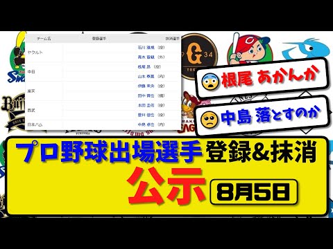 【公示】プロ野球 出場選手登録＆抹消 公示8月5日発表｜ヤク石川&青木 中日根尾&山本 楽天伊藤&田中 西武本田&菅井 ハム中島ら抹消|【最新・まとめ・反応集・なんJ・2ch】