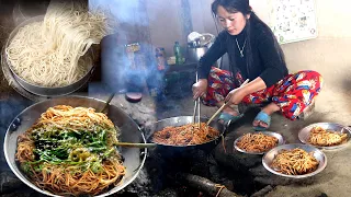 Buff Dry meat with Noodles in the village || Nepali village Food ||