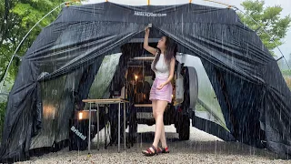 Camping in the heavy rain relaxing Solo car black Shelter vibes/ rain ASMR