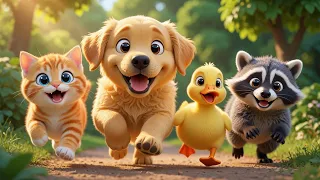 🐶 Golden Puppy Helps Lost Kitten, Duck & Baby Raccoon | Learn Animal Sounds for Toddlers