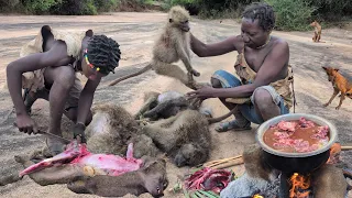 Hadza hunt and cooking meat Lunch.