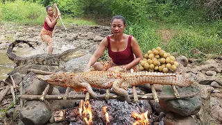 Find meet Crocodile for food in forest, Crocodile roasted for food of survival - Cooking in forest
