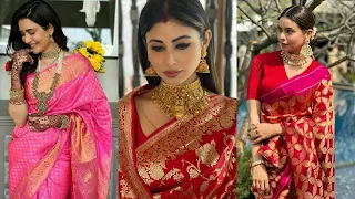 Banarasi Saree Ideas for Newly married Girls - Banarasi silk Saree Jewellery and Hairstyle ideas