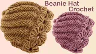 Gorro Fácil tejido en espiral remolino con flores trenzas de abanicos a Crochet