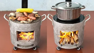 The idea of ​​making a wood stove from cement and old cooking pots