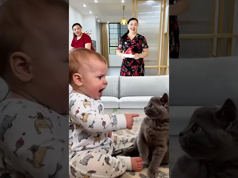 baby playing with cat 😂 아기 놀리던 아기 고양이, 엄마 고양이에게 바로 제지당함 😆💖💜