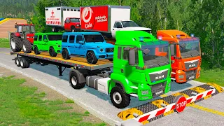 Double Flatbed Trailer Truck vs Speedbumps | Train vs Cars | Tractor vs Train | BeamNG.Drive #08