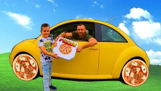 Pretend Pizza delivery | Ride on VW Bug yellow car with pizza wheels
