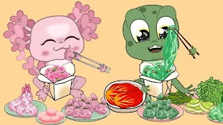Kvaka and Axo eating random PINK and GREEN  food asmr mukbang animation | 먹방 애니메이션