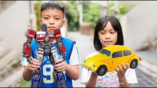 BUMBLEBEE x OPTIMUS PRIME Superhero Team Challenge Fun Adventures TRANSFORMERS in real life for Kids