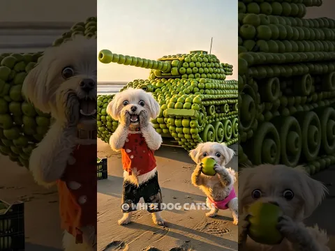 😭 The cat on the banana plane destroyed the apple tank built by the poor dog and his puppy🍏