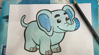 Instructions on how to color a picture of an elephant in blue tones