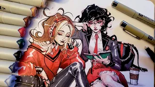 ✦ Sketchbook session using ALCOHOL MARKERS and FINE LINERS //  Condensed realtime art process