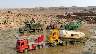 New Oil tanker, Swaraj tractor stuck in mud – pulled by fire truck | Tractor cartoon | JCB tractor