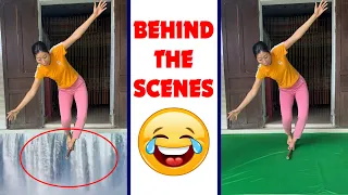 Behind the scenes - Funny magician walking on a high waterfall