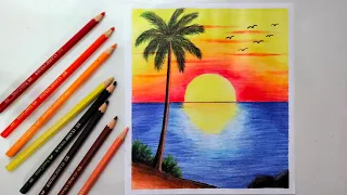 Menggambar sunset menggunakan pensil warna