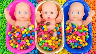 4 Minutes Satisfying ASMR | Mixing Skittles Candy in 3 Bathtubs with Magic Gum Balls & M&M's Make Up