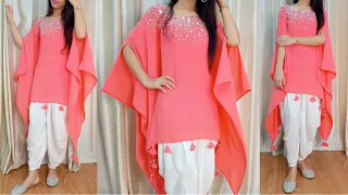 Kaftan cutting and stitching / high low dress cutting and stitching / latest kurti design /hand work