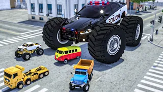 Police Car Lucas, Dump Truck, JCB Excavator, Monster Truck Climbing Hill Competition