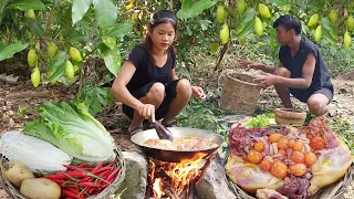 Chicken curry and Egg salad for dinner, Small green mango for snack - Survival cooking in jungle